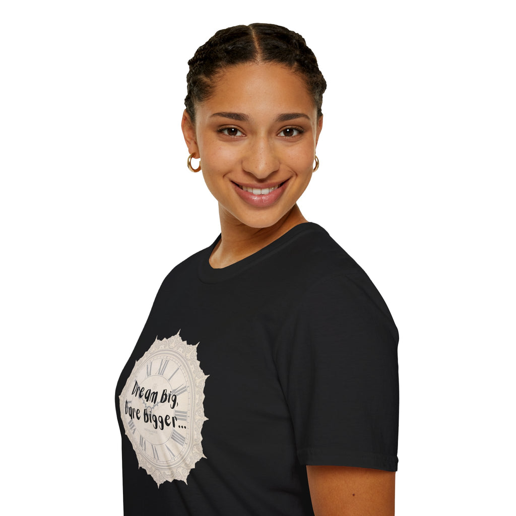 Black crew-neck T-shirt on model, side view with beige “Dream big, ...” graphic