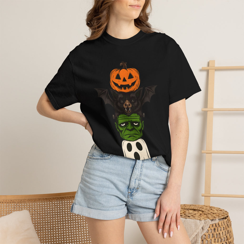 Halloween Stack Graphic T-Shirt — Pumpkin, Bat, Frankenstein & Ghost Design