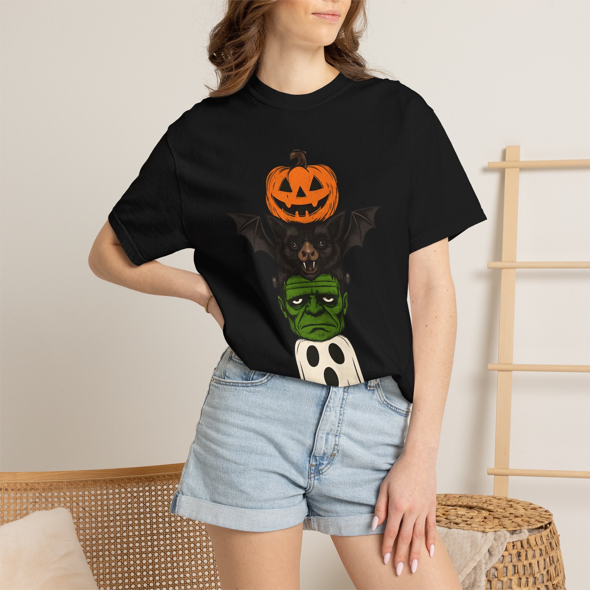 Halloween Stack Graphic T-Shirt — Pumpkin, Bat, Frankenstein & Ghost Design