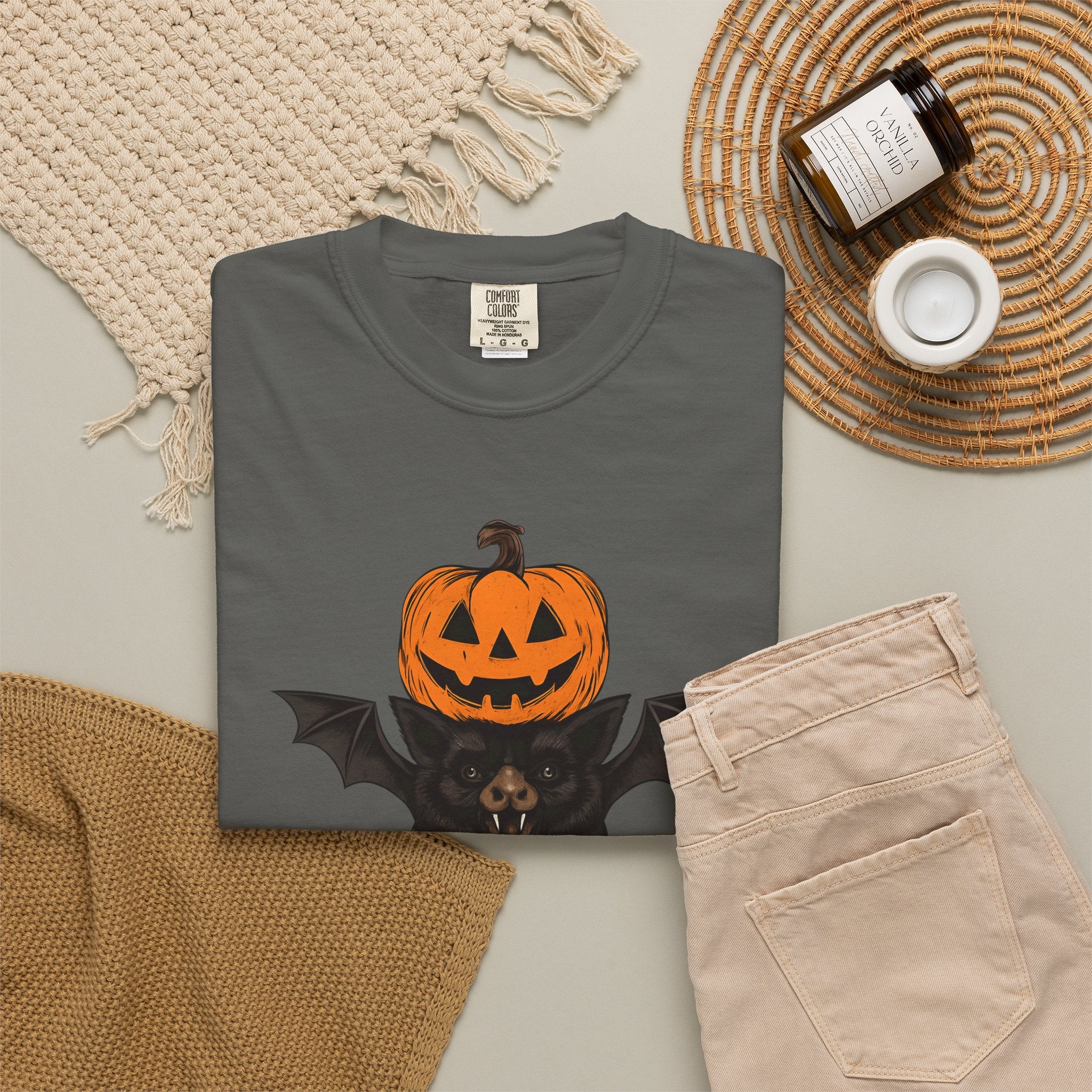 Halloween Stack Graphic T-Shirt — Pumpkin, Bat, Frankenstein & Ghost Design