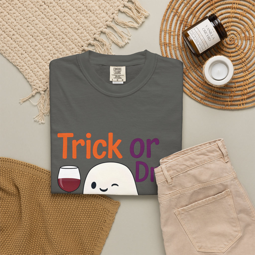 Charcoal Halloween ghost t-shirt on flat lay with 'Trick or Drink' ghost and pumpkin