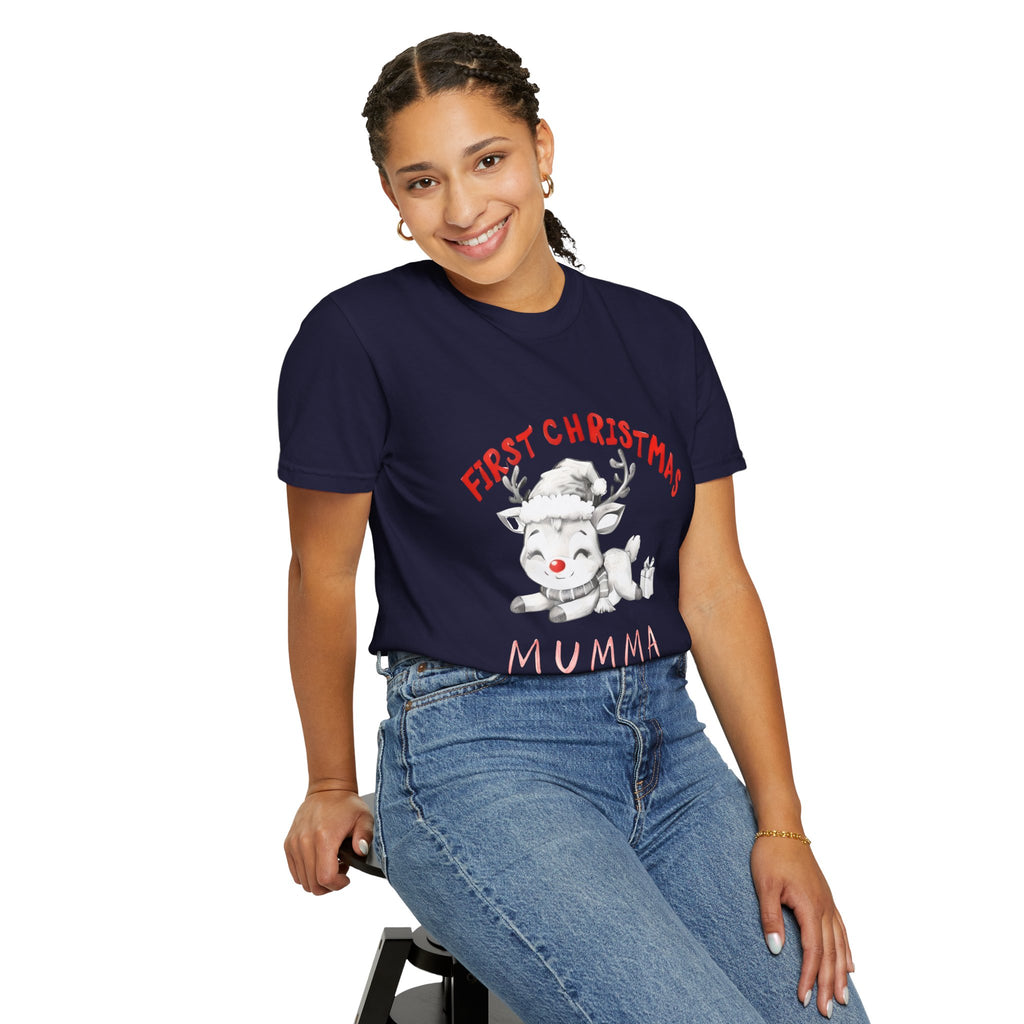 Dark navy short-sleeve tee with white reindeer graphic and red 'First Christmas Mumma' text
