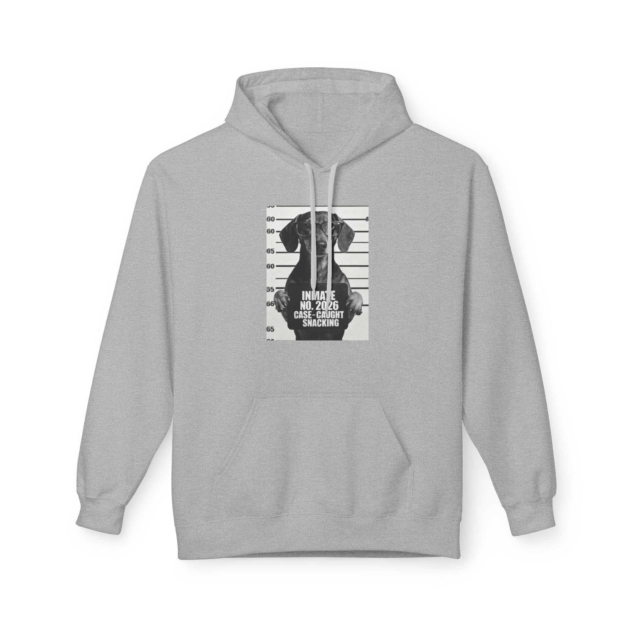 Light gray pullover hoodie with drawstring hood, front graphic print, and kangaroo pocket.