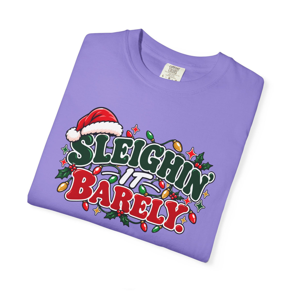 Purple crew-neck t-shirt with 'Sleighin' It Barely' festive graphic
