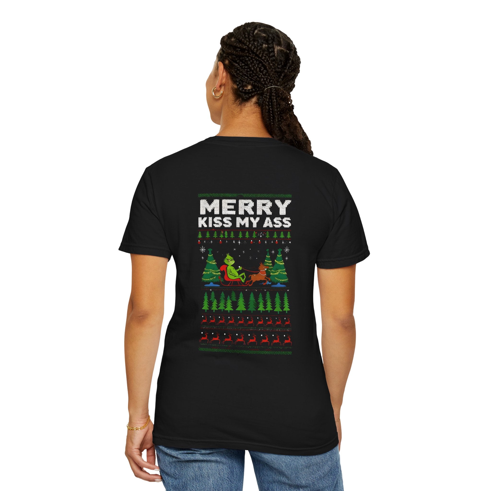 Black unisex T-shirt with large back graphic and Christmas-themed “MERRY KISS MY ASS”