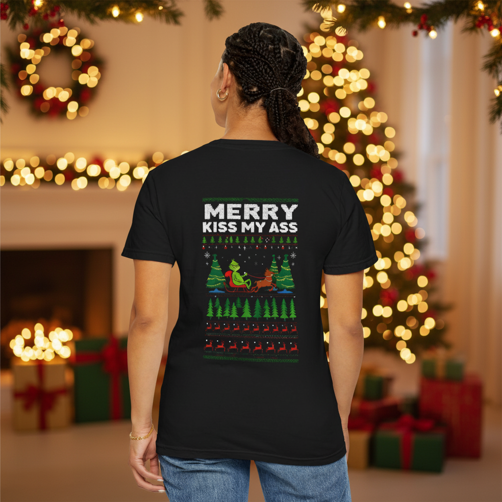Black unisex T-shirt with large back graphic reading “MERRY KISS MY ASS”