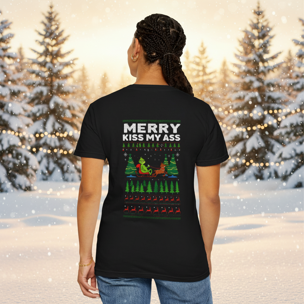 Black unisex T-shirt with large back graphic reading “MERRY KISS MY ASS”