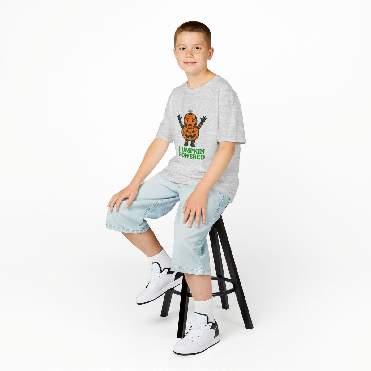Kids Halloween t-shirt, heather gray with pumpkin-powered jack-o-lantern graphic