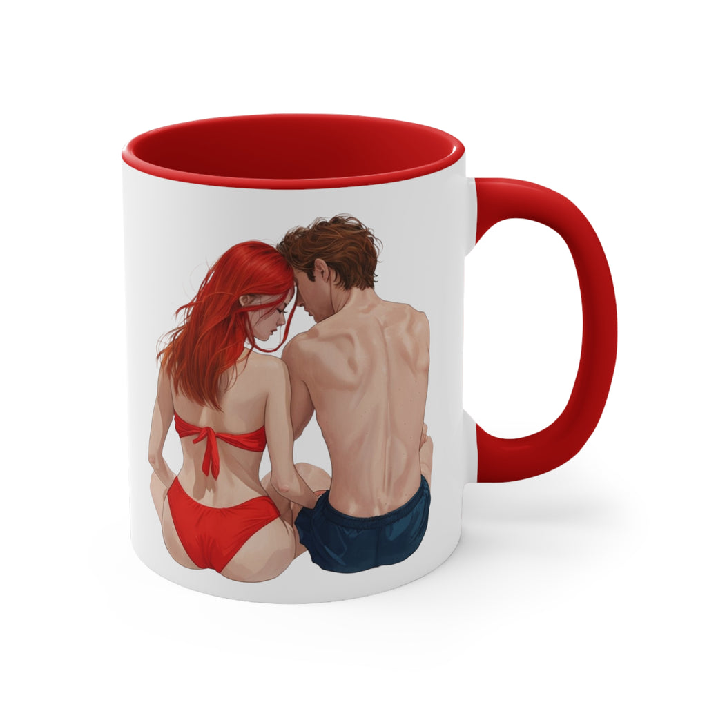 White mug with red interior and handle, featuring red-and-blue couple logo