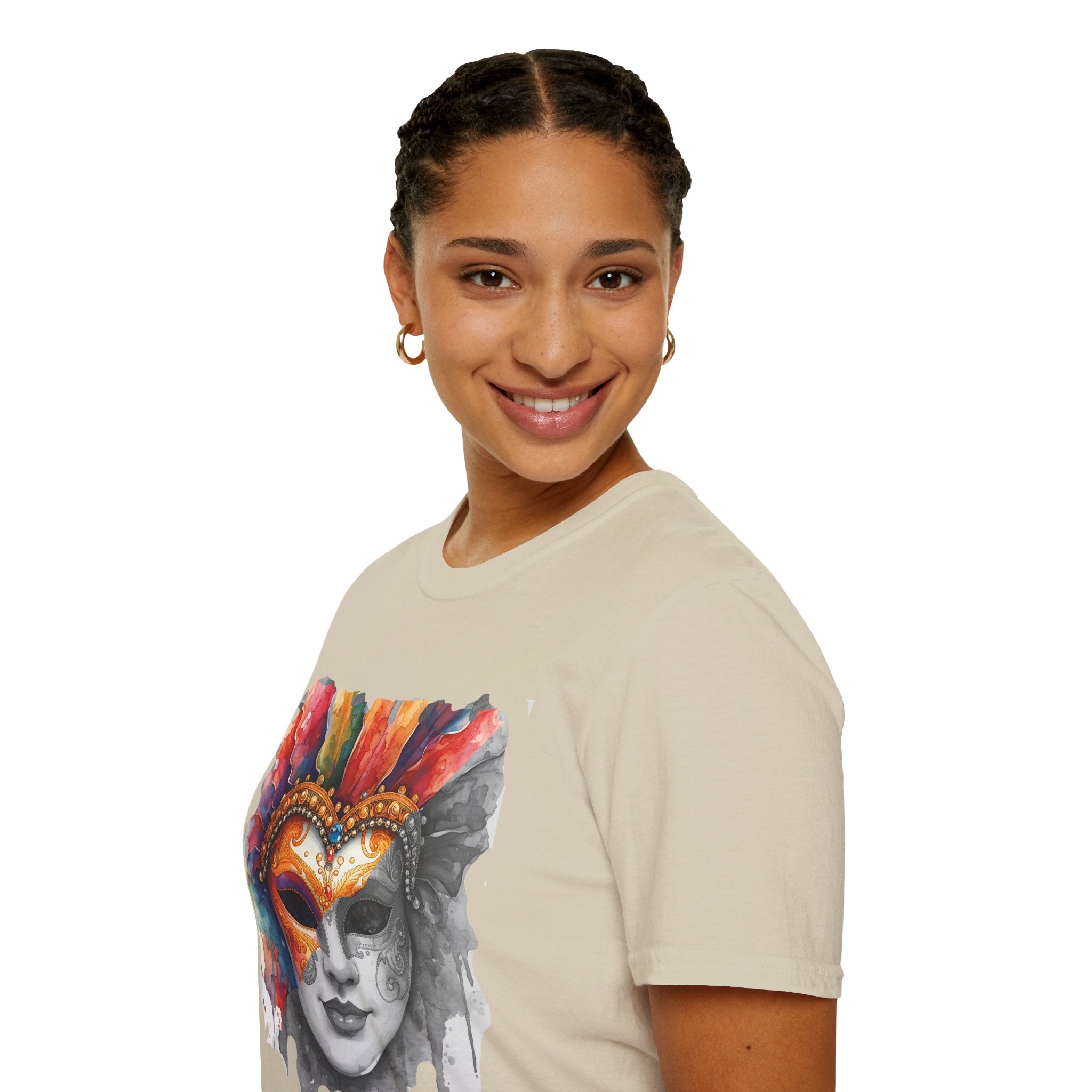 Beige crewneck T-shirt on model with watercolor masquerade face mask print on front