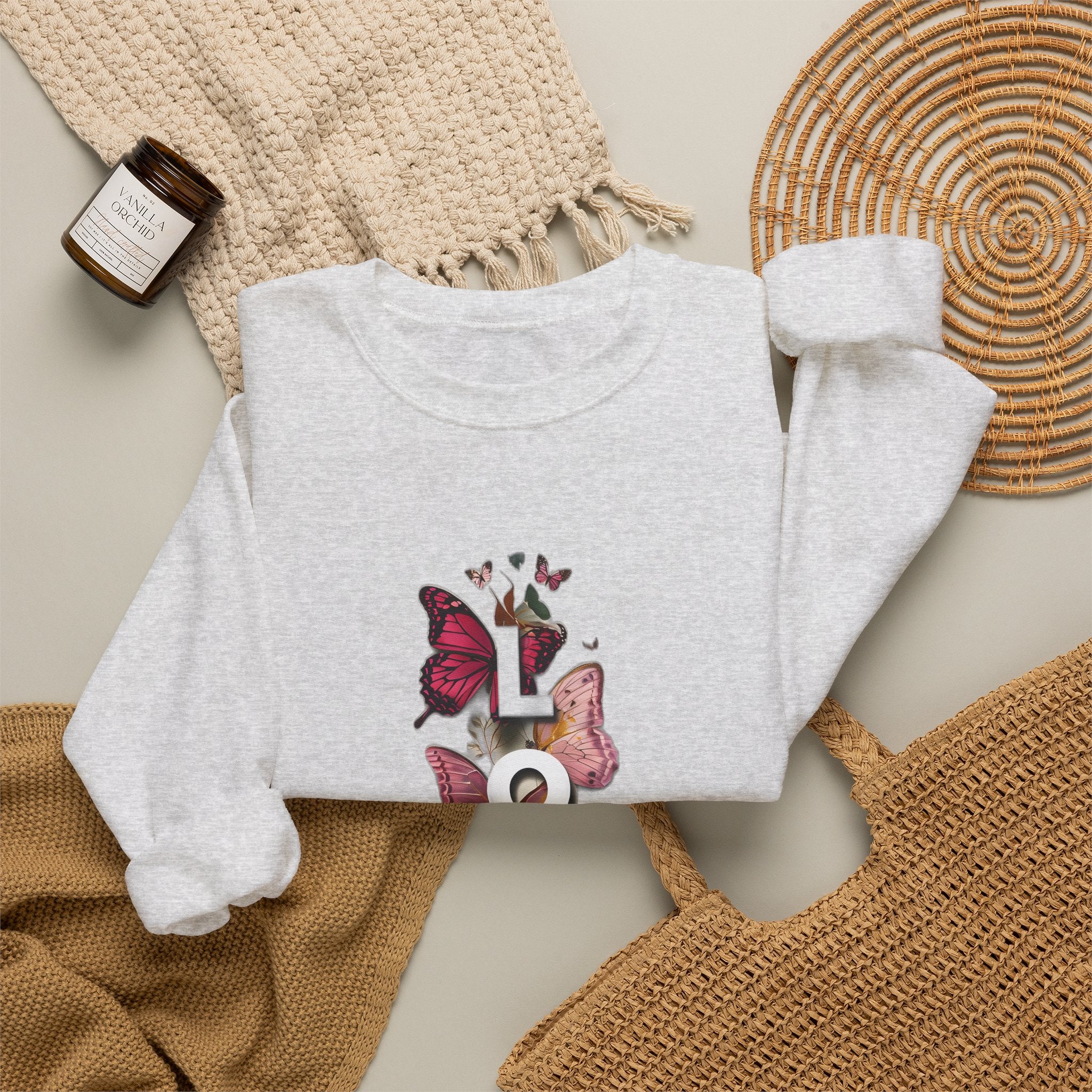 Light gray sweatshirt with Love and butterfly graphic, crew neck, long sleeves