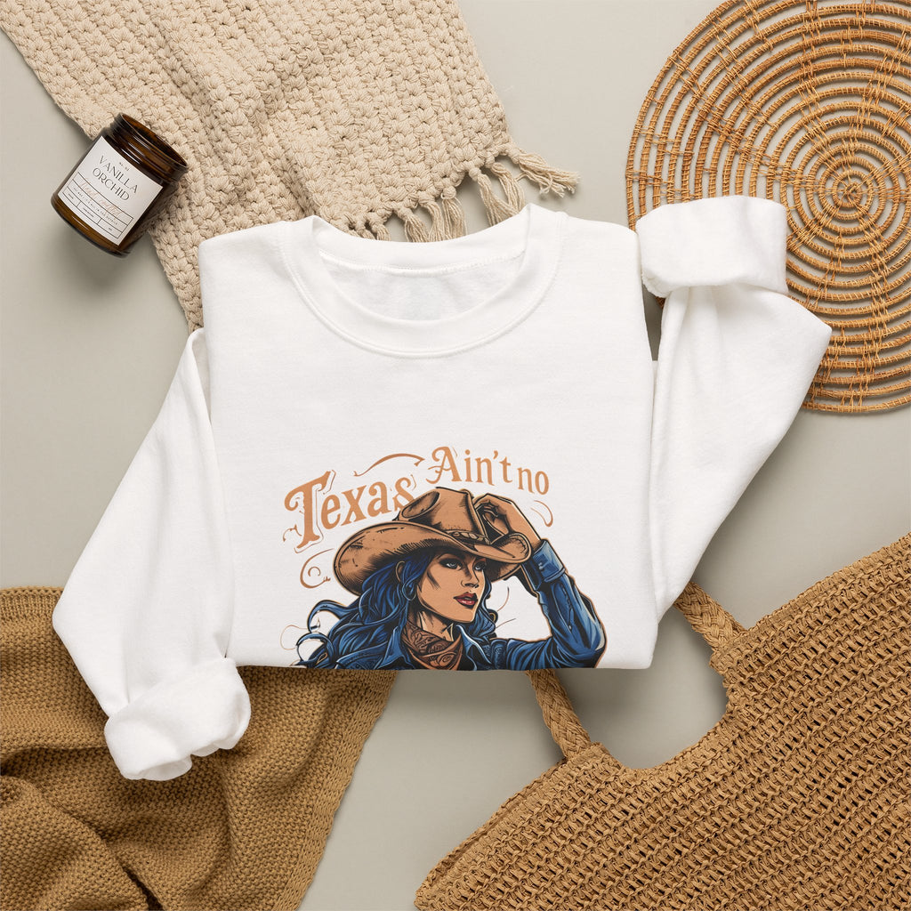 White crewneck sweatshirt with western cowgirl graphic on front