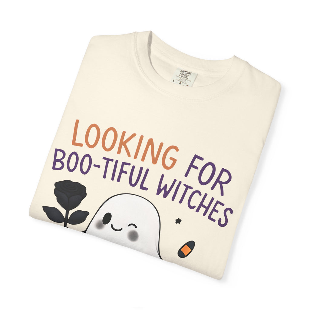 Ivory unisex T-shirt close-up with ghost witch graphic and 'Boo-tiful Witches' text