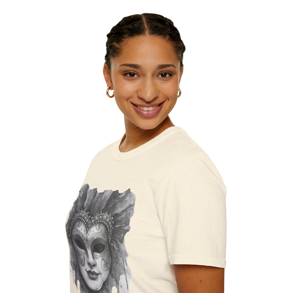 Cream crew-neck T-shirt with partial front masquerade mask graphic