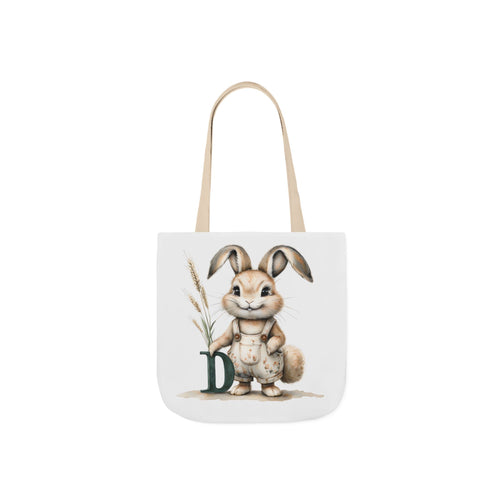 Canvas tote bag with bunny and letter D print, beige handles, white front panel