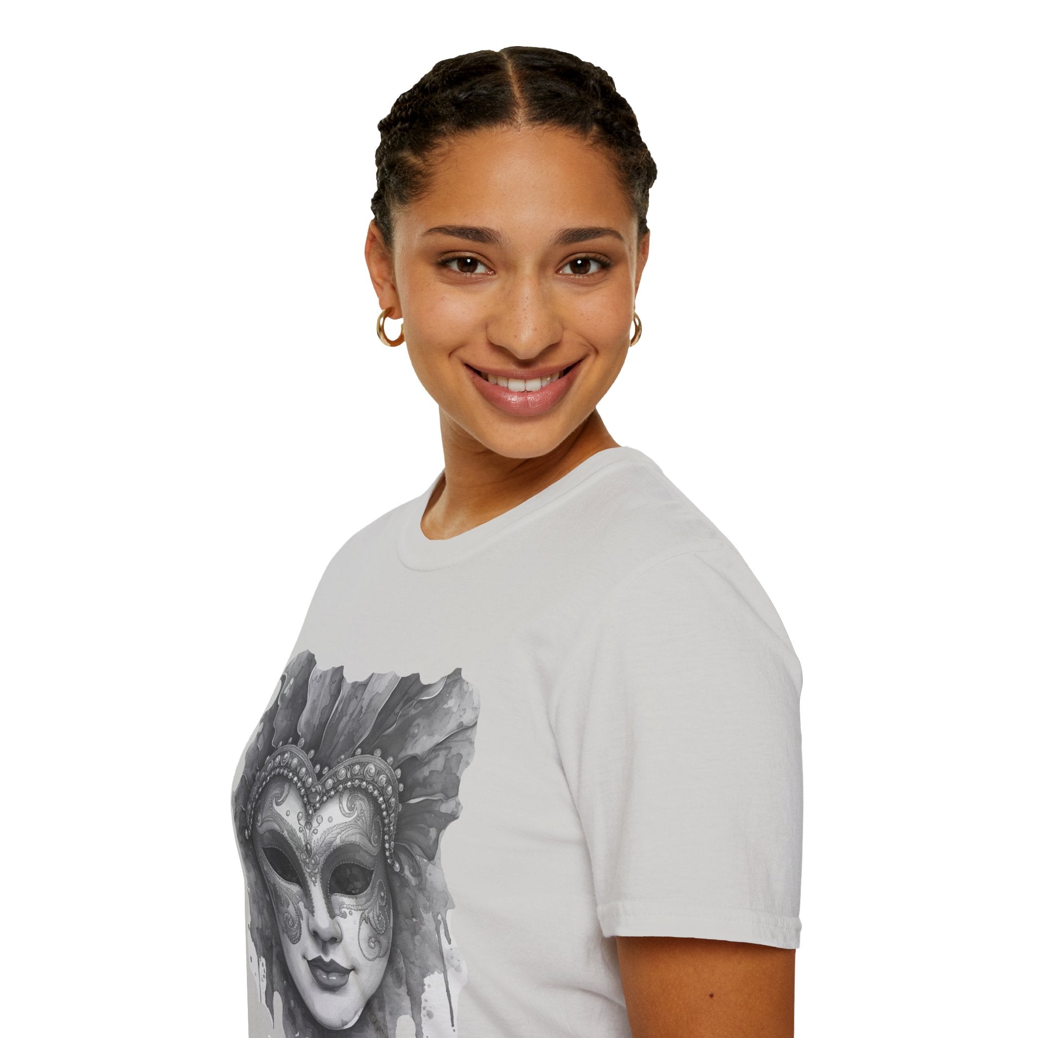 Light gray crew-neck face graphic t-shirt with grayscale masquerade mask watercolor print, side view
