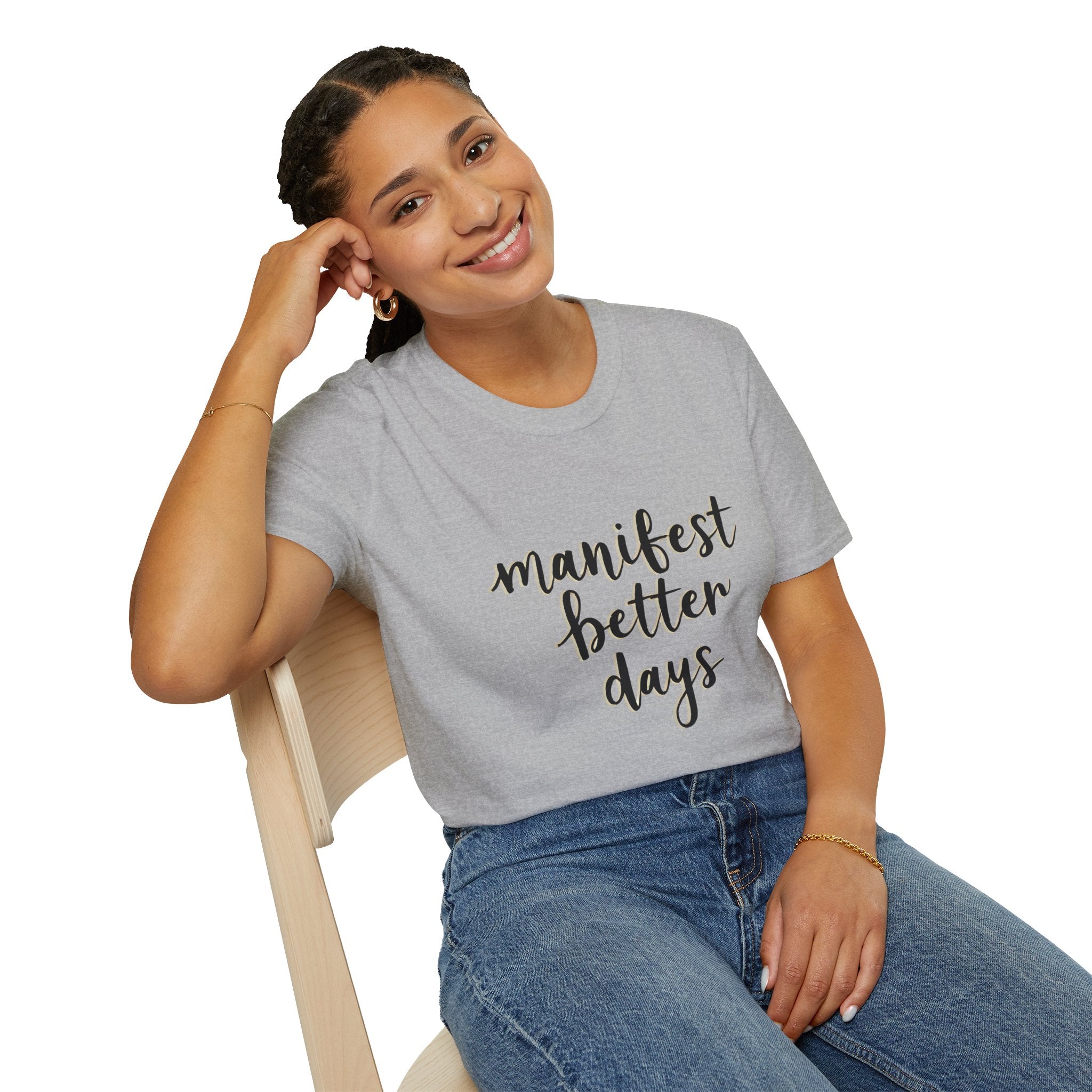 Sport grey unisex softstyle T-shirt with “manifest better days” front text, crew neck