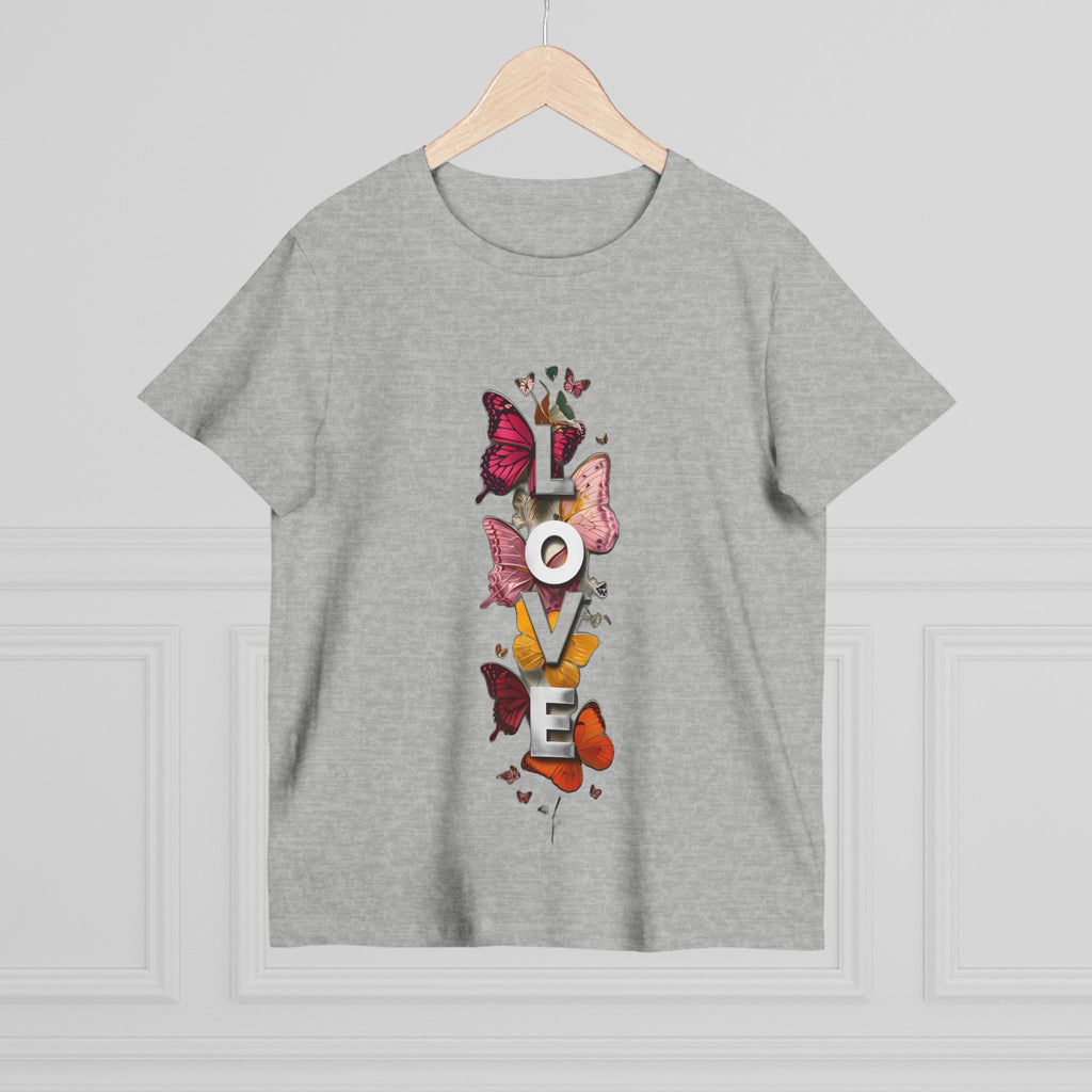 Heather gray women's graphic tee with front LOVE letters and butterfly artwork.