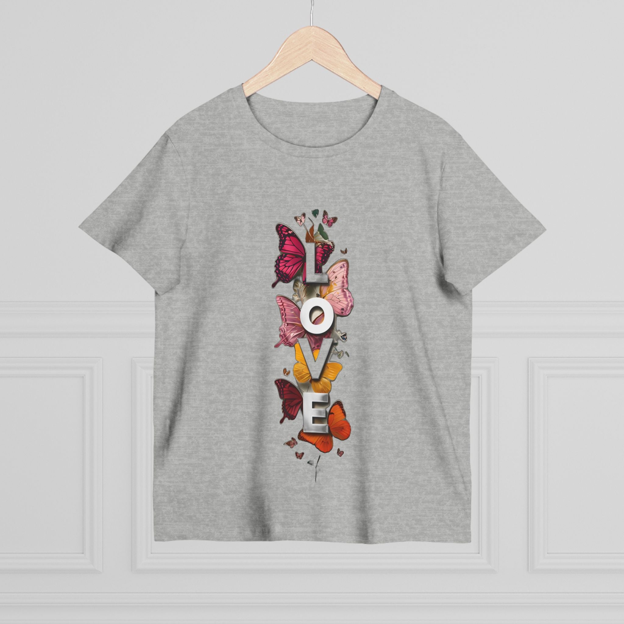 Heather gray women's graphic tee with front LOVE letters and butterfly artwork.