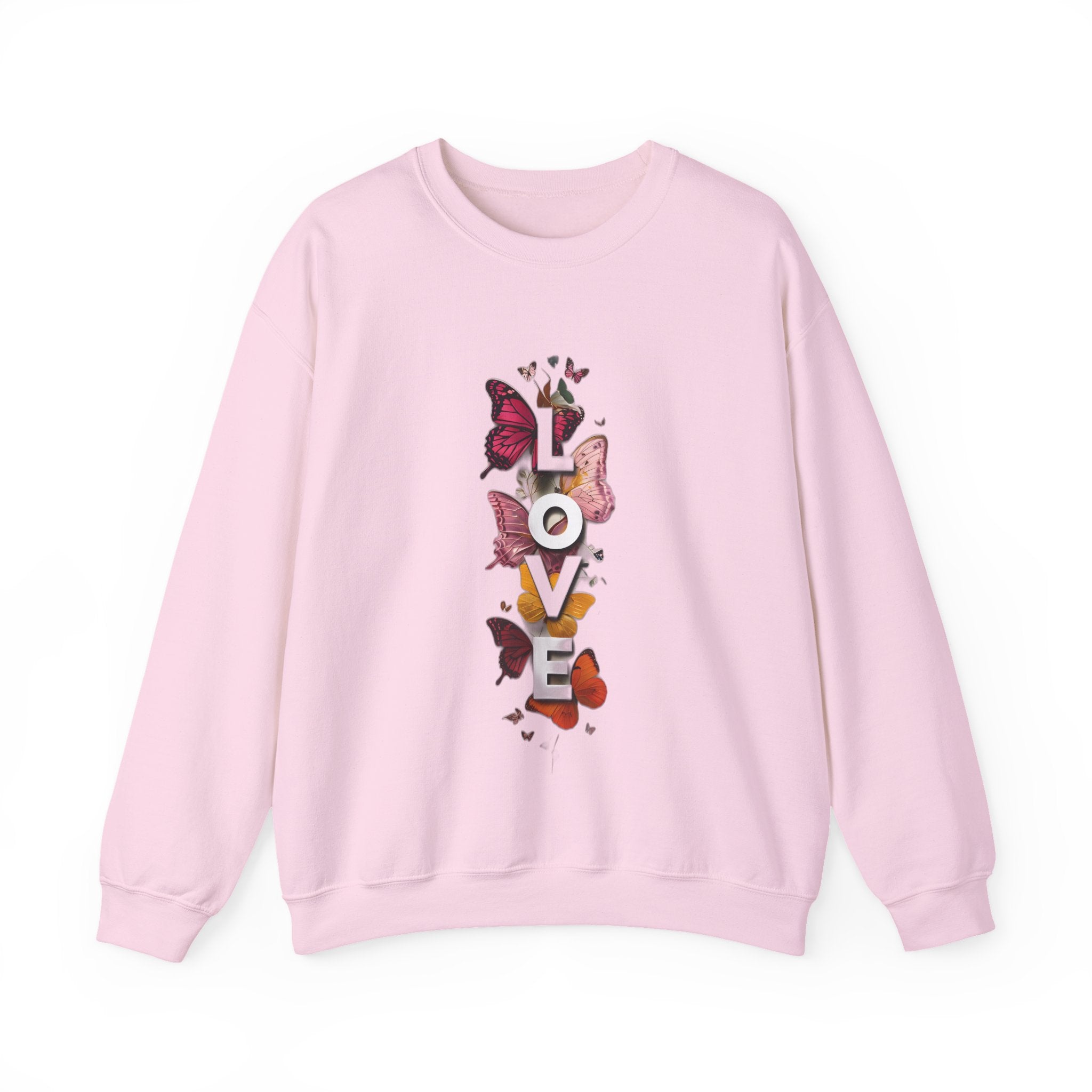 Light pink sweatshirt with long sleeves and LOVE word butterfly graphic on front