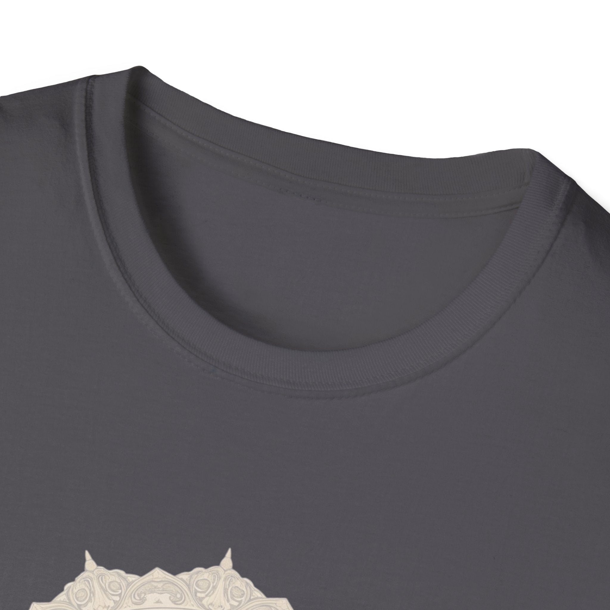 Dark gray crew-neck T-shirt neckline close-up with ribbed collar.
