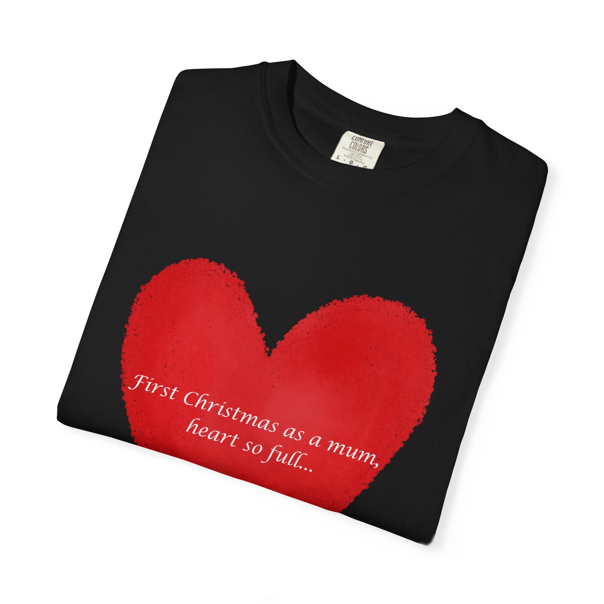 Black women’s T-shirt with red heart brushstroke graphic and cursive holiday message