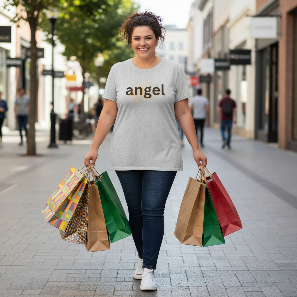Women's heather grey tee with angel word graphic
