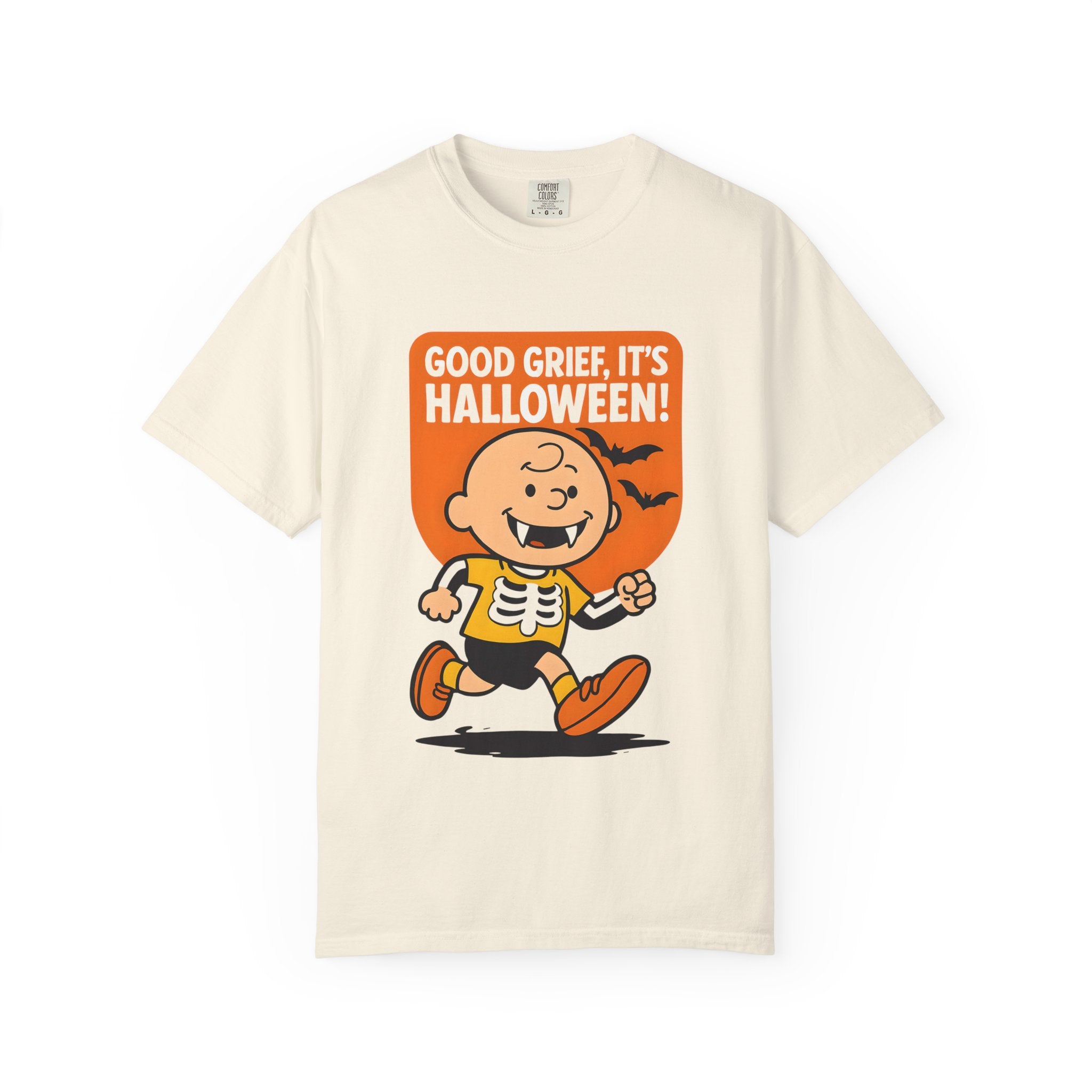 Ivory unisex T-shirt with orange Halloween Charlie cartoon front graphic