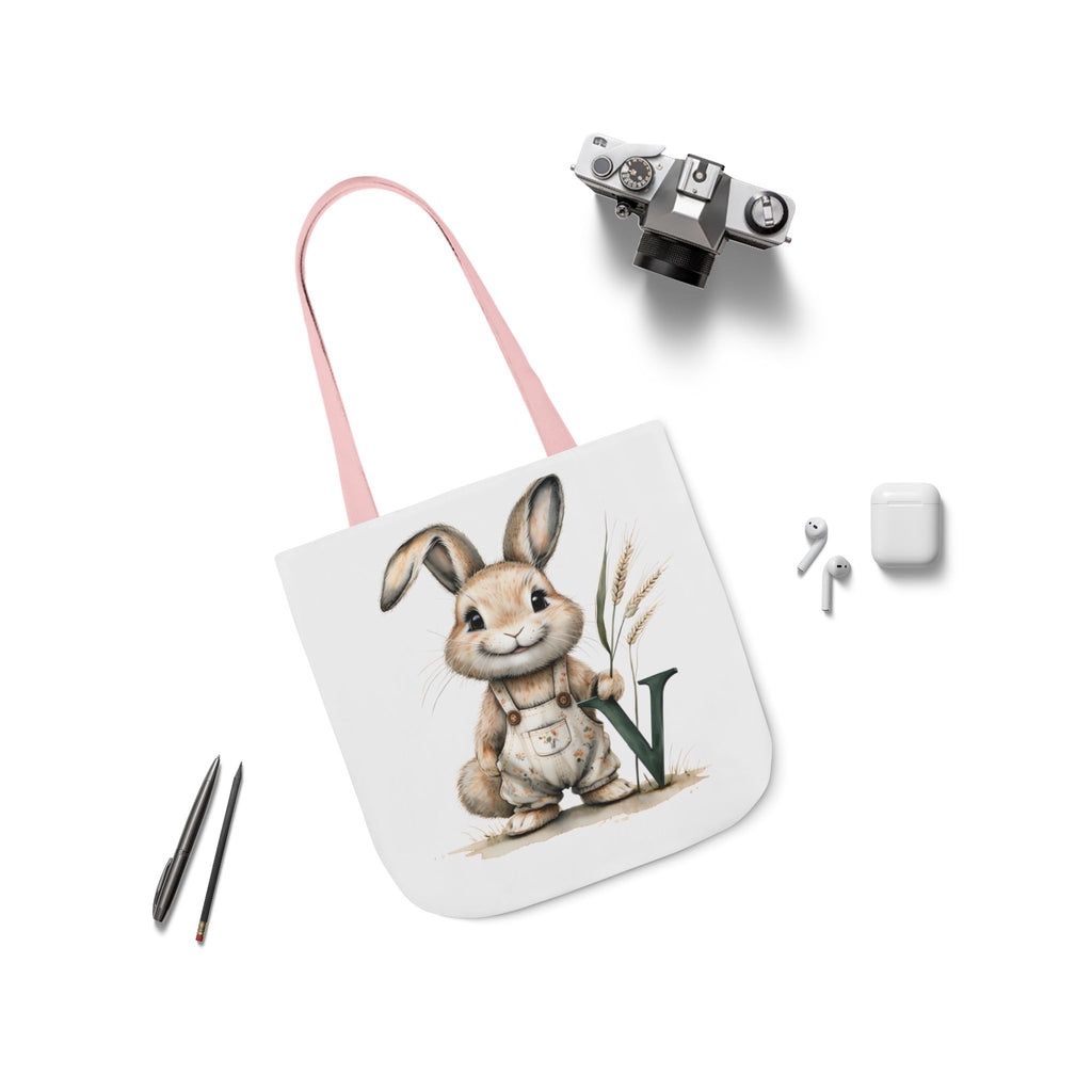 Canvas tote bag with bunny V graphic and pink shoulder strap