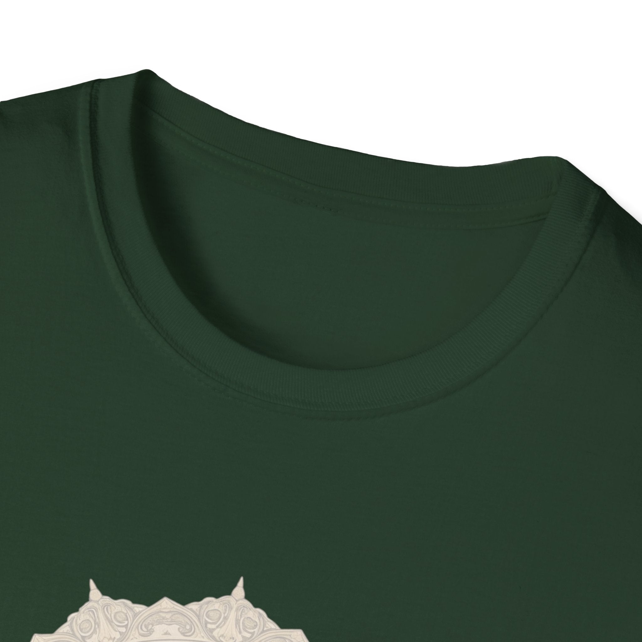 Forest green crewneck T-shirt close-up of neckline and partial clock graphic