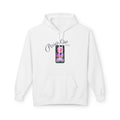 White pullover hoodie with chest graphic, hood, and front pocket