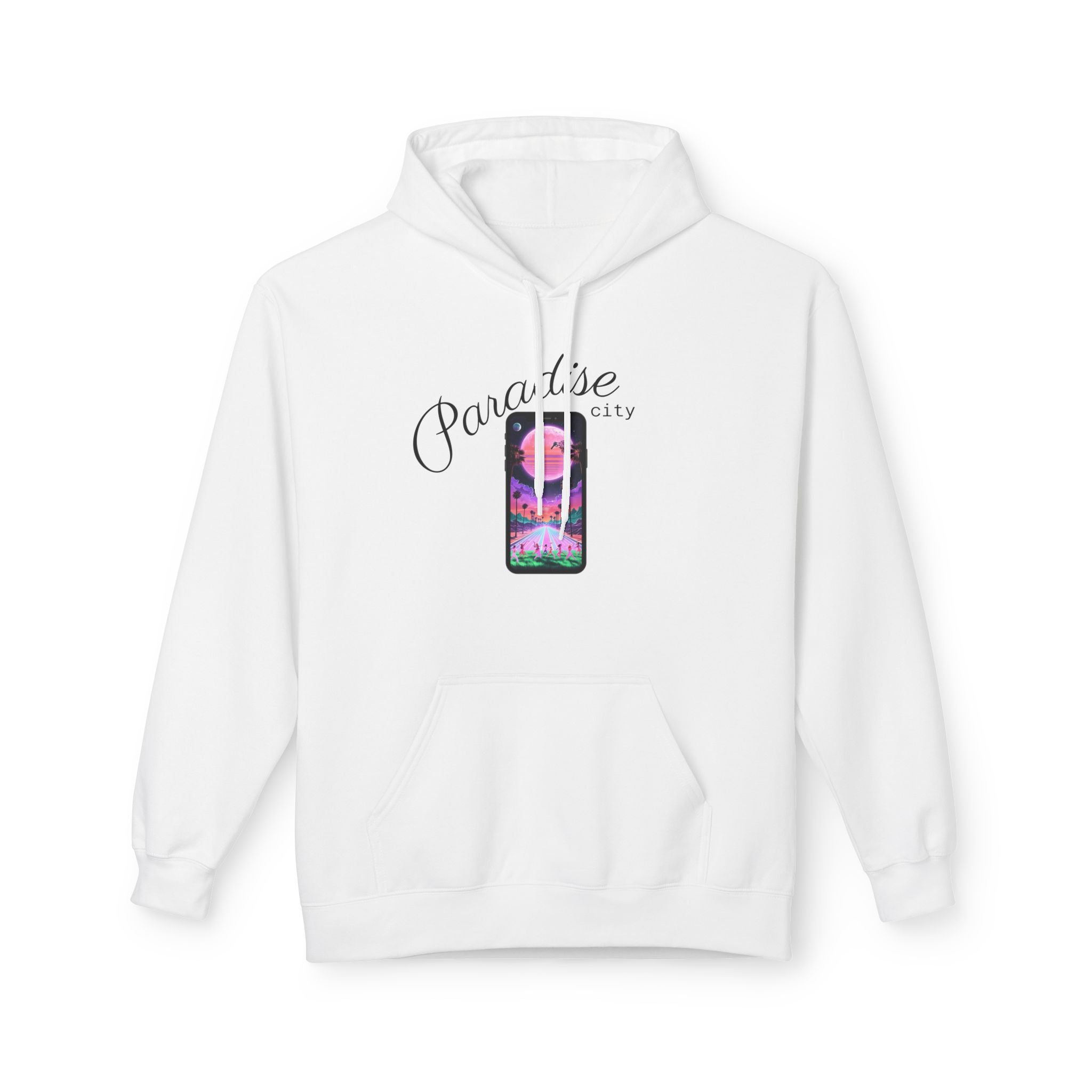 White pullover hoodie with chest graphic, hood, and front pocket