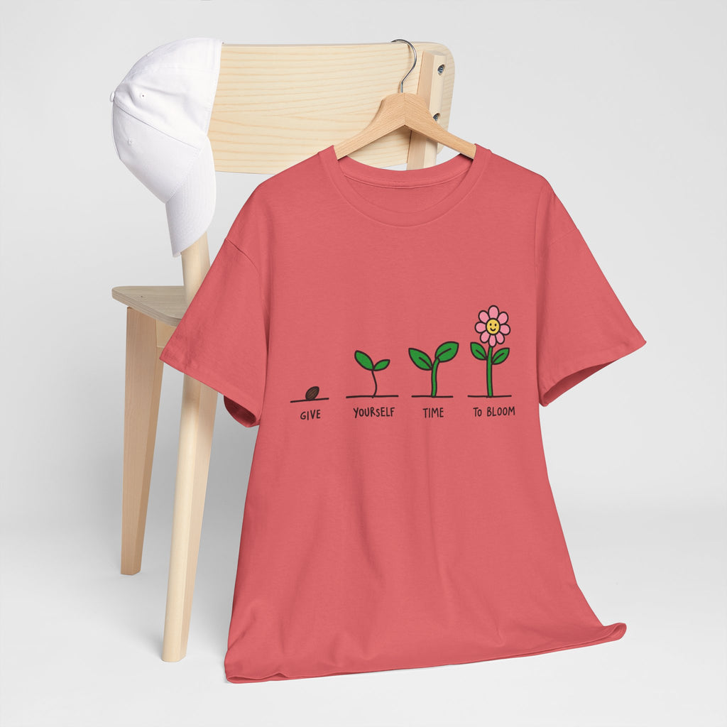 Coral T-shirt with sprout-and-flower growth graphic, hanging front