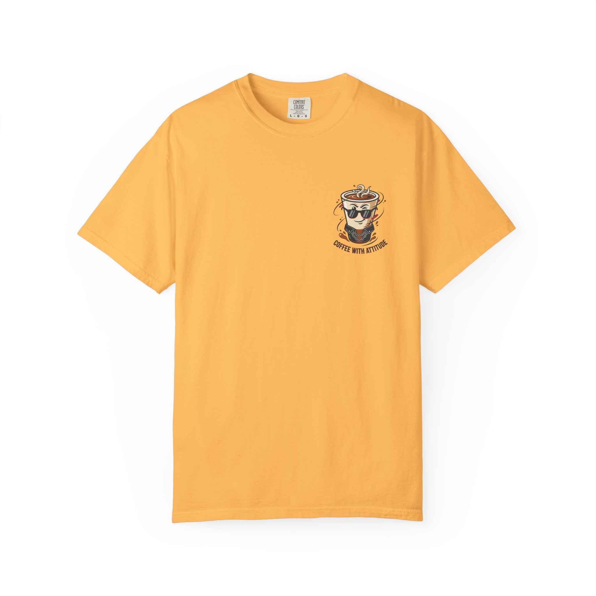 Mum T-shirt, golden yellow crewneck with coffee attitude graphic on chest