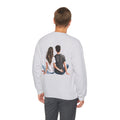 Ash grey crewneck sweatshirt, back view, couple graphic at center