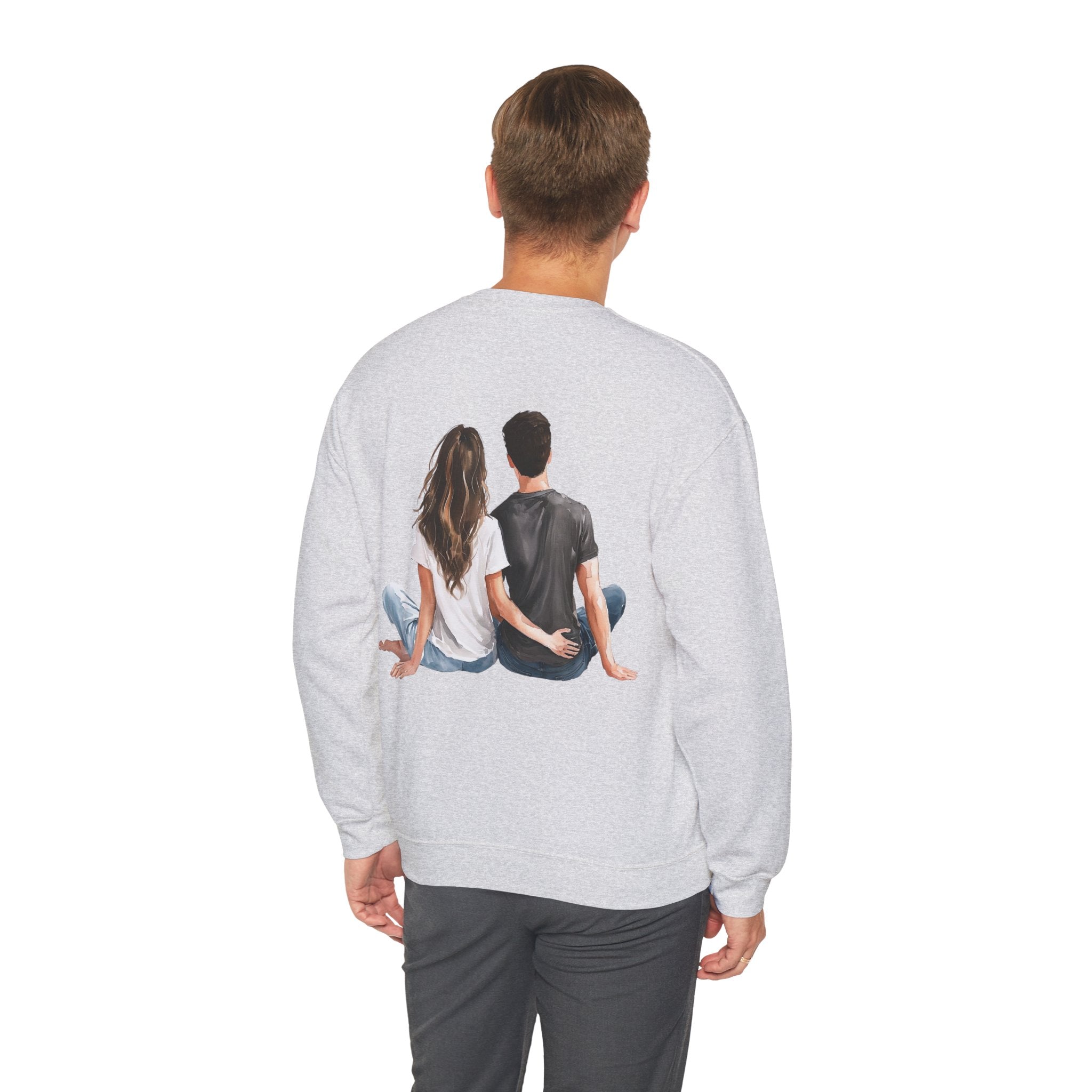 Ash grey crewneck sweatshirt, back view, couple graphic at center