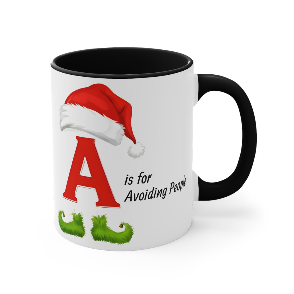 Black interior and handle mug with letter A, Santa hat, and "is for Avoiding People".