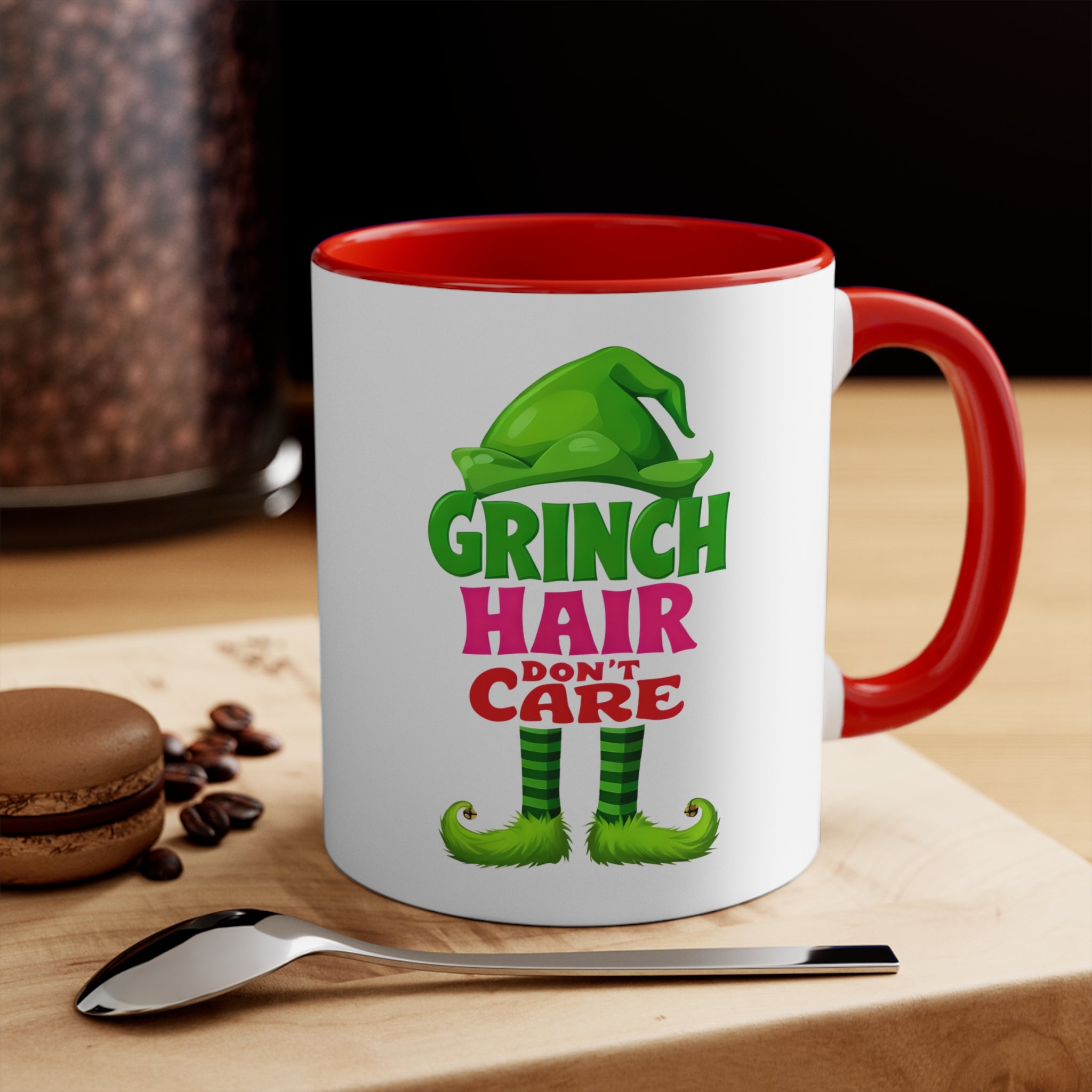 Christmas accent mug, white with red rim and handle; Grinch 'Hair Don't Care' front design