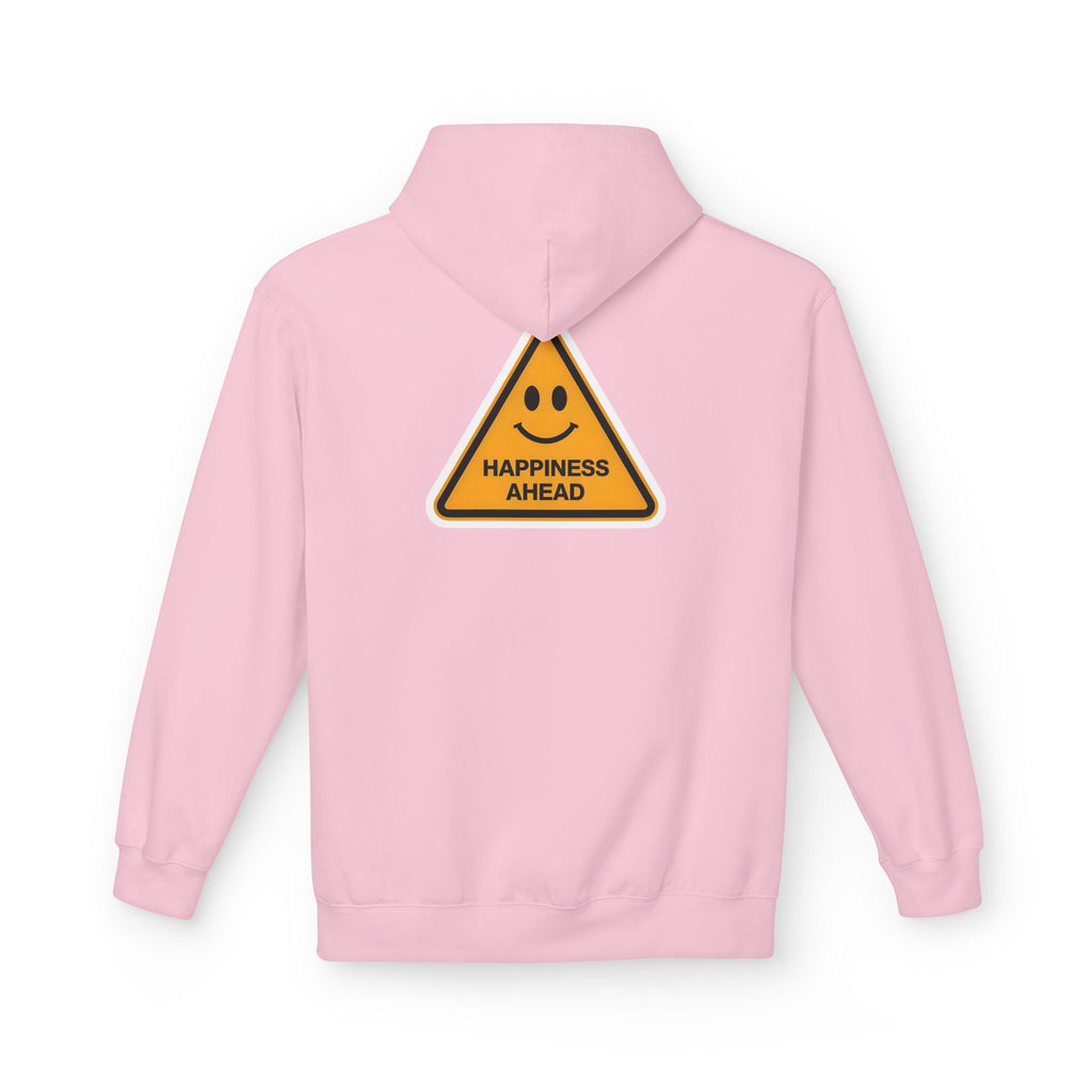 Light pink unisex hoodie with back triangle “HAPPINESS AHEAD” graphic