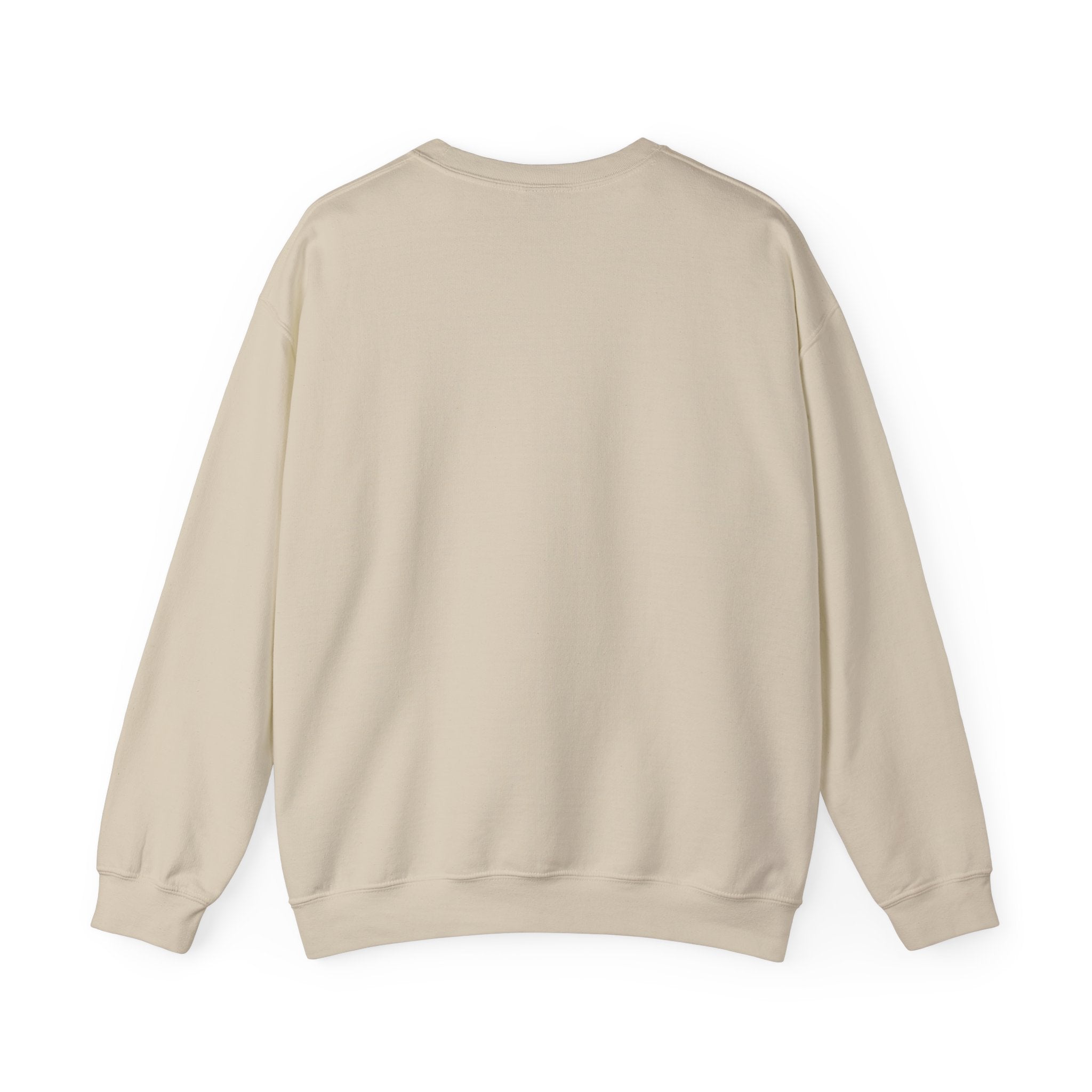 Beige crewneck sweatshirt, plain back view with long sleeves.