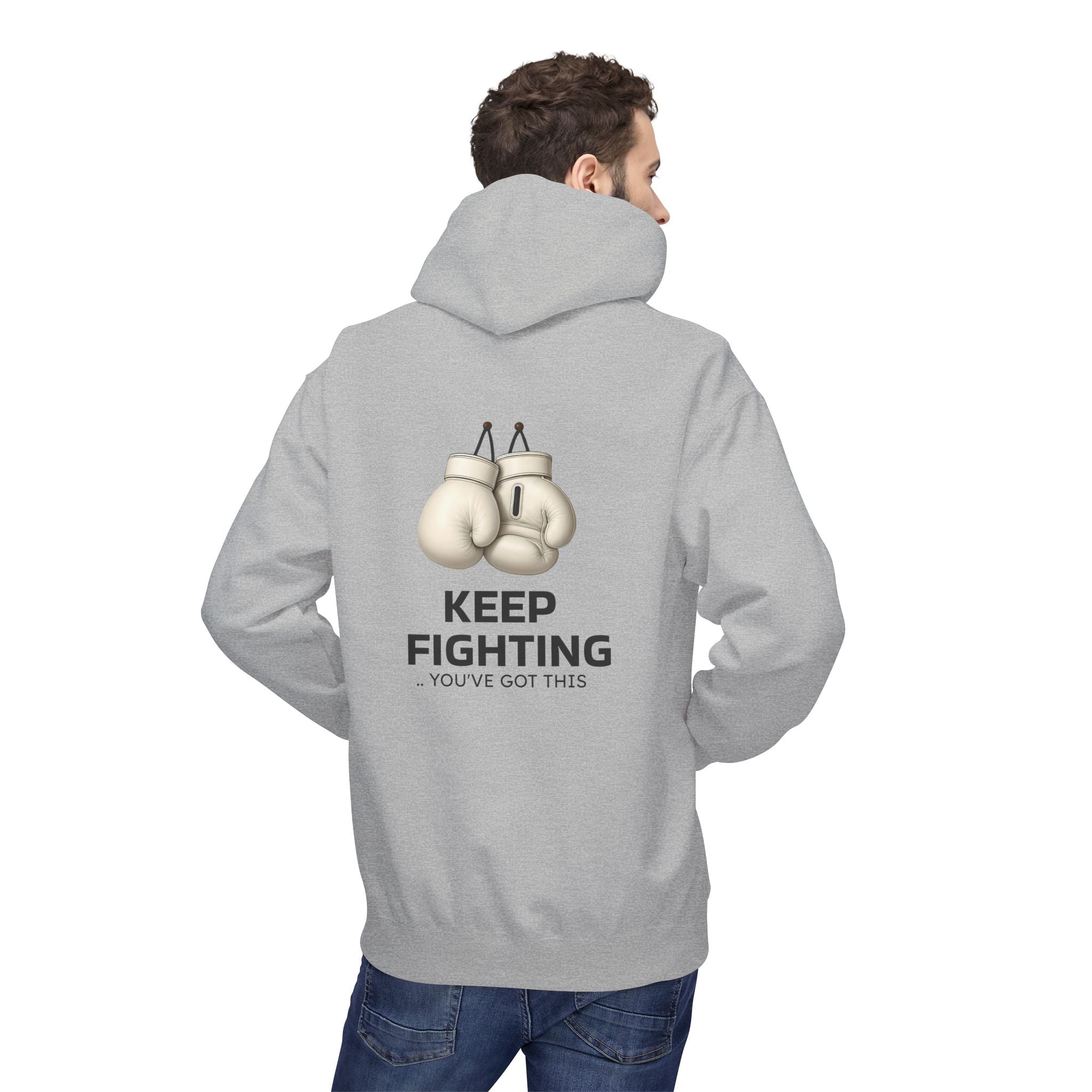 Light gray hoodie with back boxing-glove graphic and message “KEEP FIGHTING”