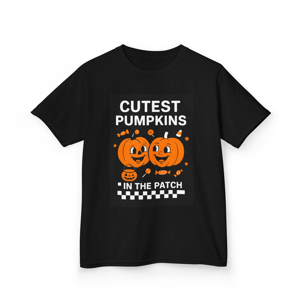 Kids black Halloween t-shirt with 'CUTEST PUMPKINS' pumpkin graphic and patch wording
