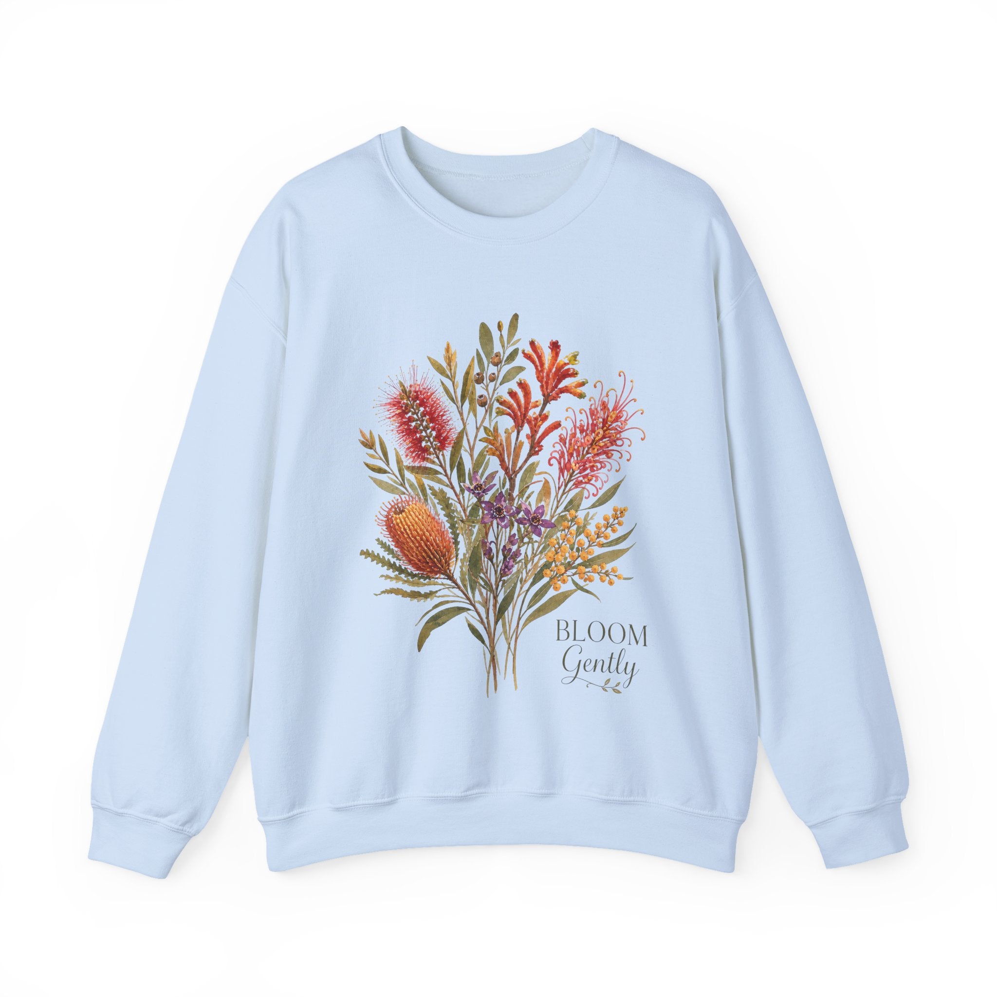 Floral bouquet sweatshirt, light blue crewneck with colorful botanical bouquet graphic