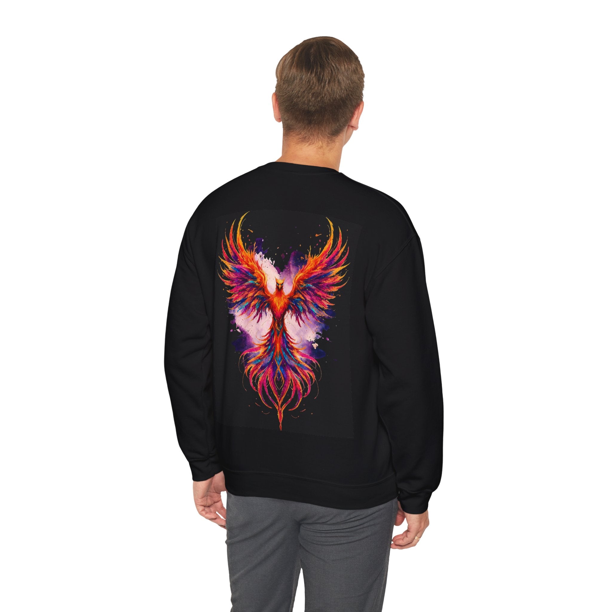 Black crewneck sweatshirt with colorful phoenix bird graphic on back