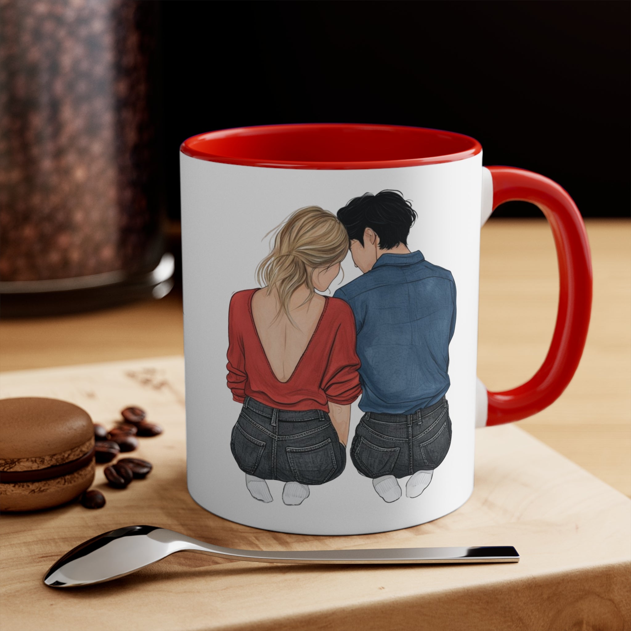Red-accent white mug with couple sitting back-to-back; printed love design