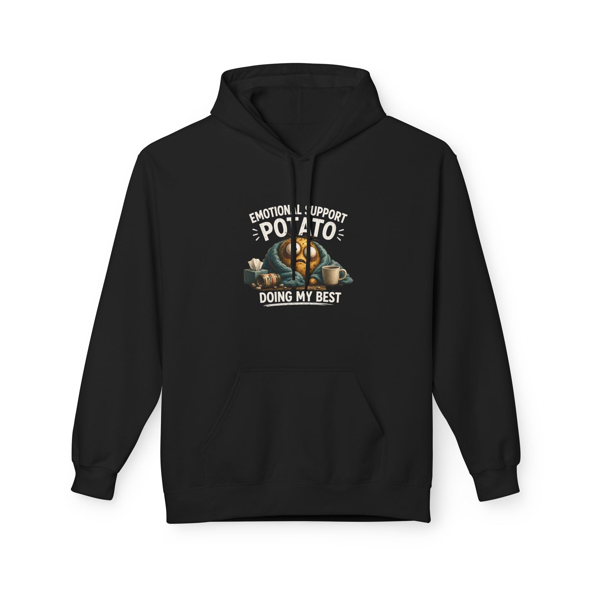 Black pullover hoodie with front potato graphic and "Doing my best" text
