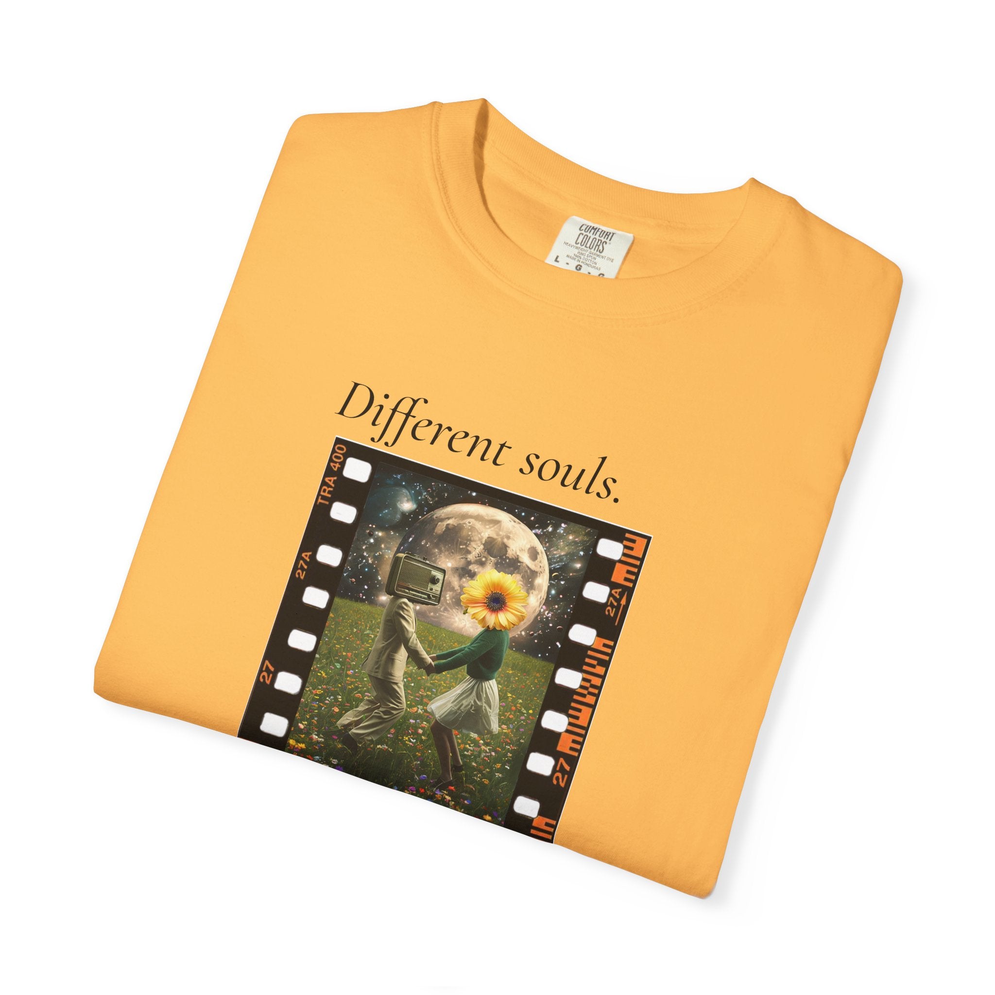 Orange crew-neck tee with 'Different souls' filmstrip graphic print
