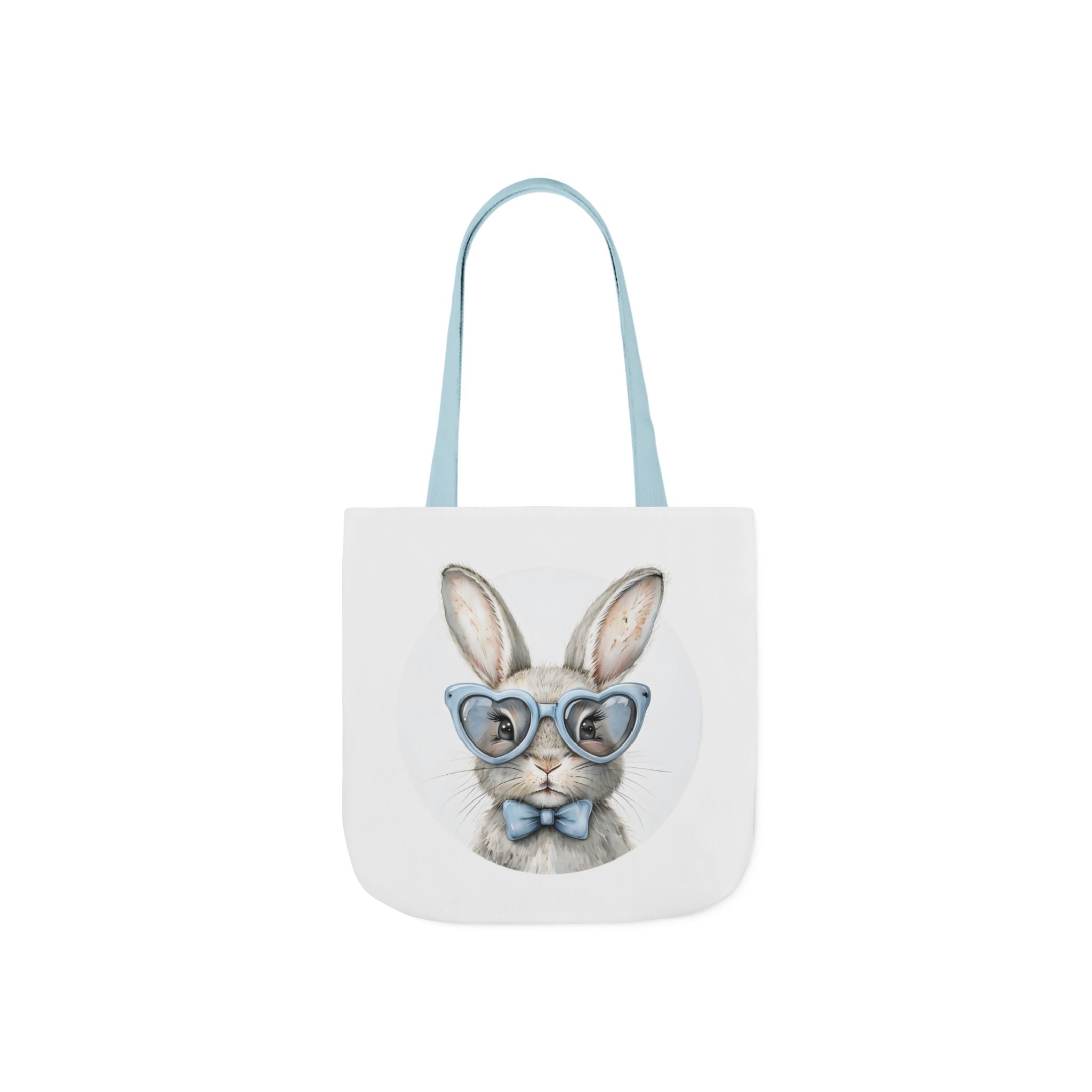 Bunny canvas tote bag with rabbit face graphic and light blue shoulder straps