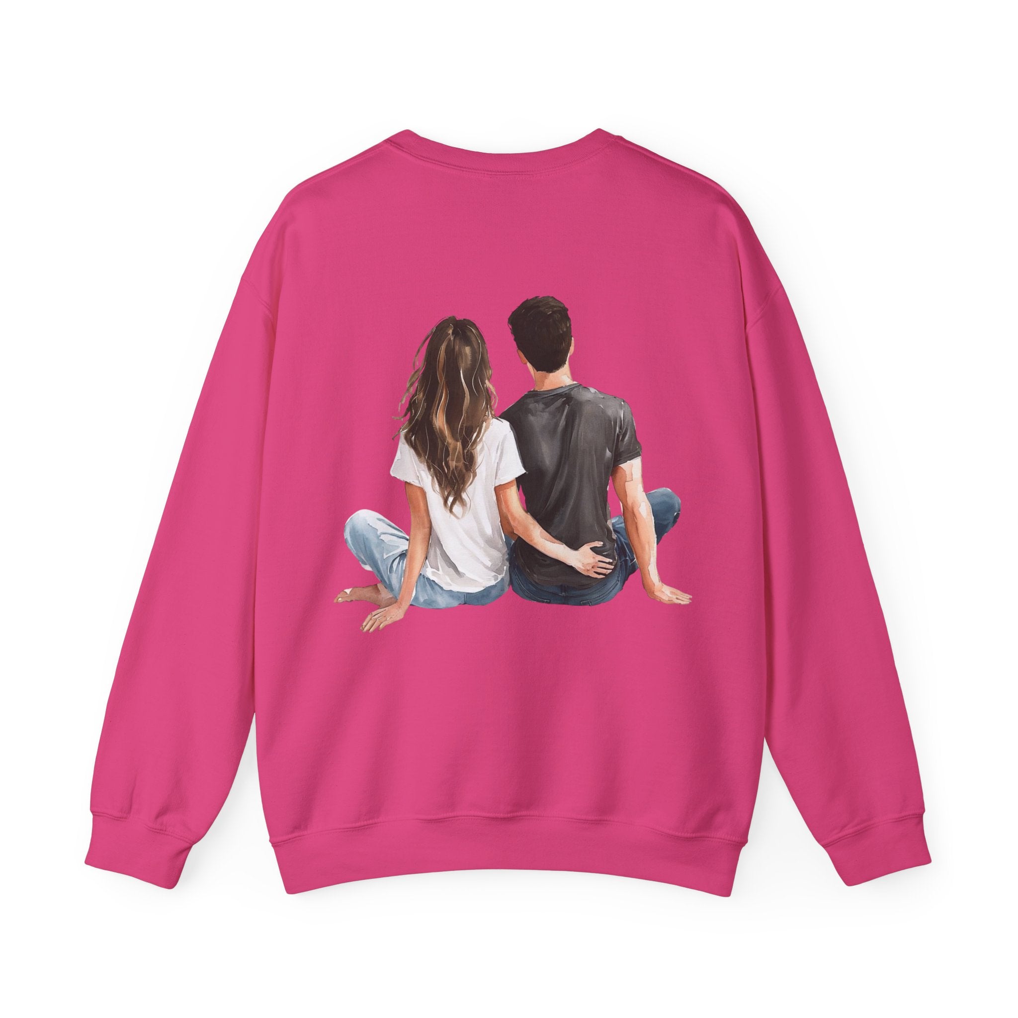 Heliconia crewneck sweatshirt, front view, couple graphic at center