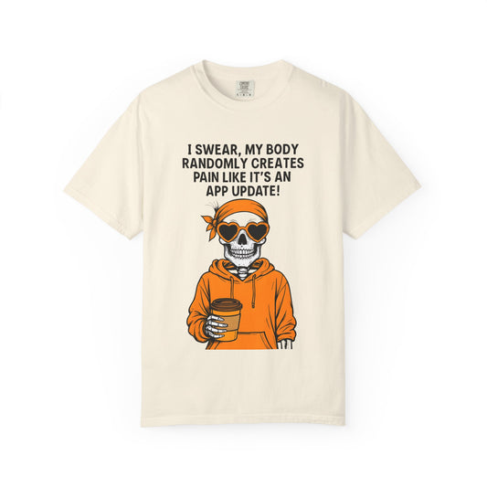 Funny Skeleton T-Shirt, Unisex Humor Tee, Gift for Tech Lovers, App Update Joke Shirt, Casual Wear